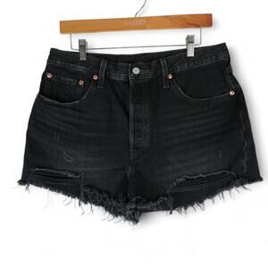 Levis 501 Shorts Womens 32x2 Black Distressed Cut Off Premium Denim Button Fly